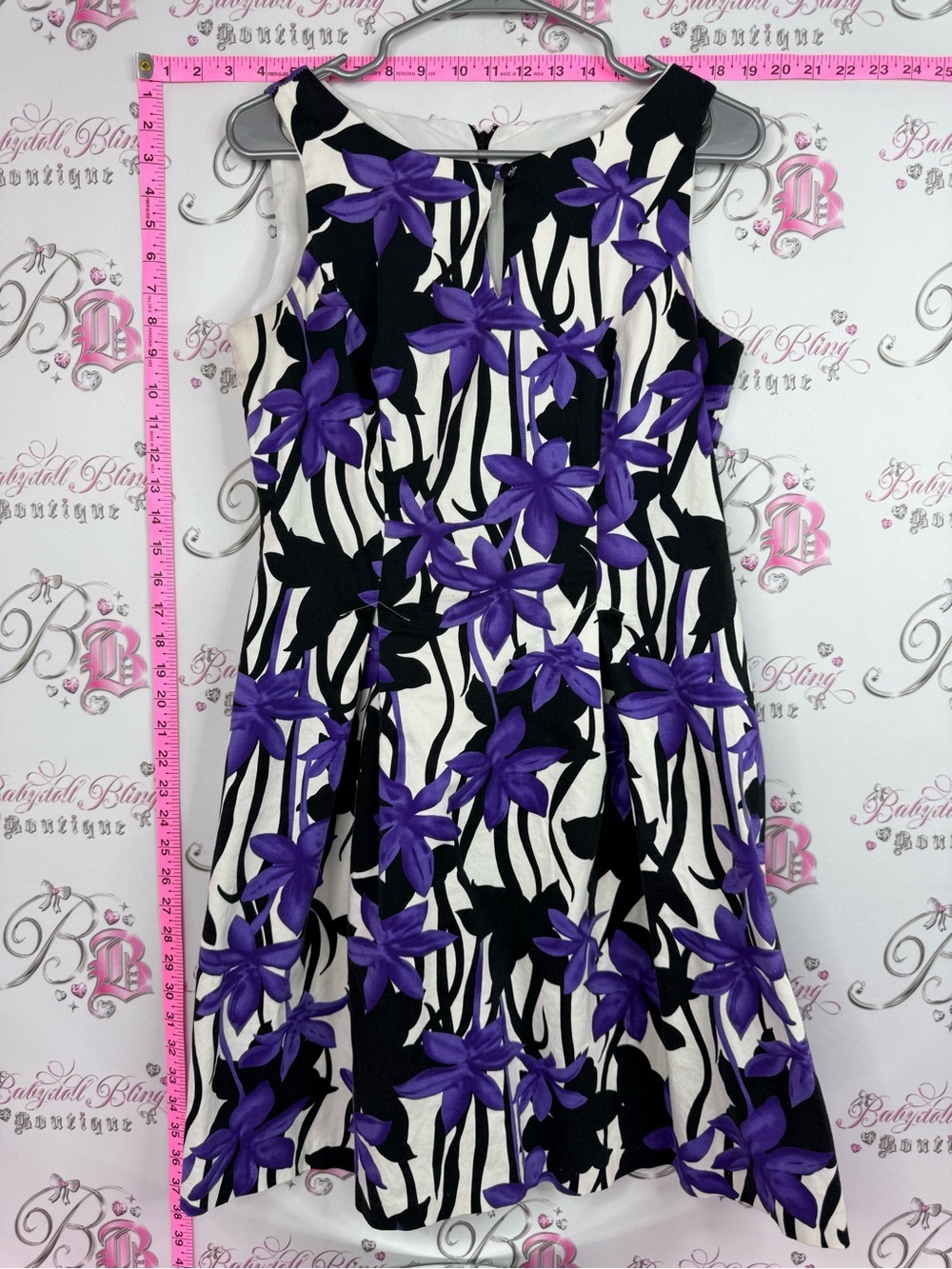 Laura dress tropical Black & White Dress with Bold Purple Floral Pattern
